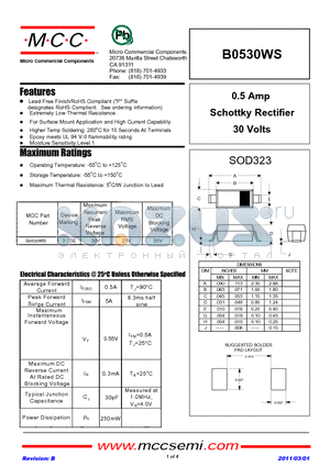 B0530WS-TP datasheet - 0.5 Amp Schottky Rectifier 30 Volts