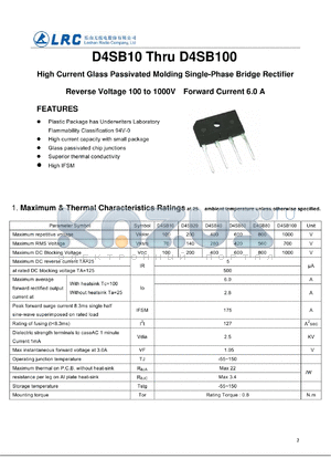 D4SB10 datasheet - High Current Glass Passivated Molding Single-Phase Bridge Rectifier