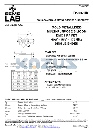 D5002UK datasheet - ROHS COMPLIANT METAL GATE RF SILICON FET