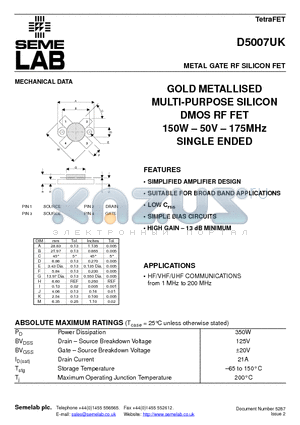 D5007UK datasheet - GOLD METALLISED MULTI-PURPOSE SILICON DMOS RF FET 150W - 50V - 175MHz SINGLE ENDED