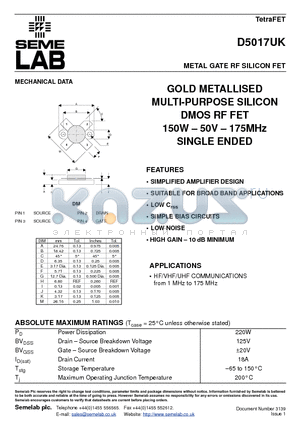 D5017UK datasheet - GOLD METALLISED MULTI-PURPOSE SILICON DMOS RF FET 150W - 50V - 175MHz SINGLE ENDED