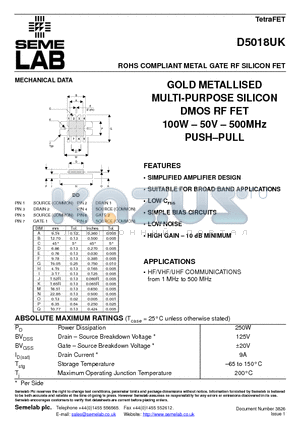 D5018UK datasheet - ROHS COMPLIANT METAL GATE RF SILICON FET