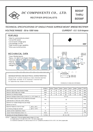 B05MF datasheet - TECHNICAL SPECIFICATIONS OF SINGLE-PHASE SURFACE MOUNT BRIDGE RECTIFIER VOLTAGE RANGE - 50 to 1000 Volts