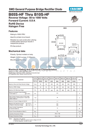 B05S-HF datasheet - SMD General Purpose Bridge Rectifier Diode