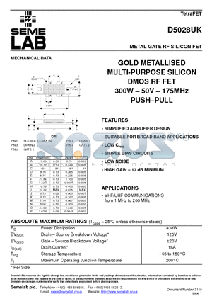 D5028UK datasheet - METAL GATE RF SILICON FET