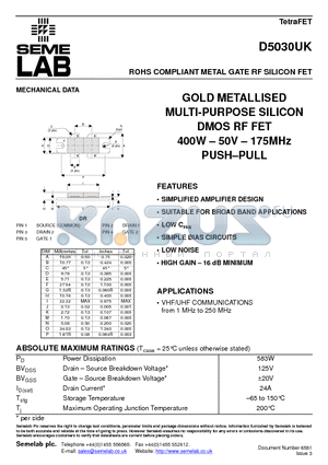 D5030UK datasheet - ROHS COMPLIANT METAL GATE RF SILICON FET