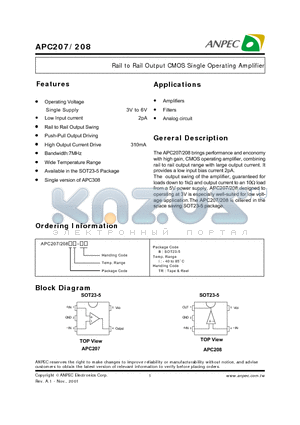 APC207 datasheet - Rail to Rail Output CMOS Single Operating Amplifier