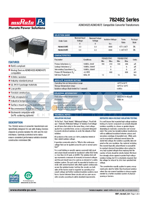 782482 datasheet - ADM2482E/ADM2487E Compatible Converter Transformers