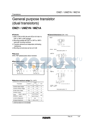 EMZ1 datasheet - General purpose transistor (dual transistors)