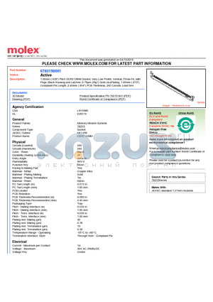 78315-0001 datasheet - 1.00mm (.039) Pitch DDR3 DIMM Socket, Very Low Profile, Vertical, Press-Fit, with Pegs, Black Housing and Latches, 0.76lm (30l) Gold (Au)Plating