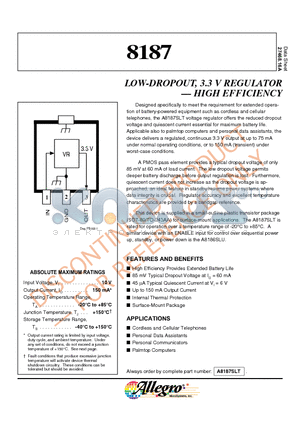 A8187SLT datasheet - LOW-DROPOUT, 3.3 V REGULATOR . HIGH EFFICIENCY