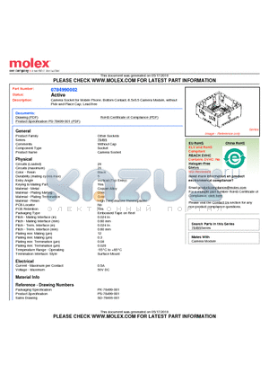 78499-0002 datasheet - Camera Socket for Mobile Phone, Bottom Contact, 6.5x6.5 Camera Module, withoutPick-and-Place Cap, Lead free