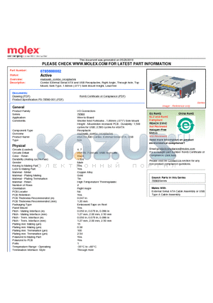 78560-0002 datasheet - Combo External Serial ATA and USB Receptacles, Right Angle, Through hole, Top Mount, Sink Type, 1.80mm (.071) Sink Mount Height, Lead free