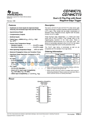 CD74HC73E datasheet - Dual J-K Flip-Flop with Reset Negative-Edge Trigger