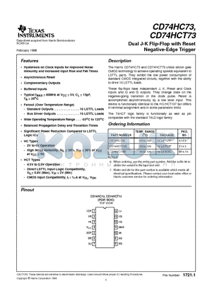 CD74HC73 datasheet - Dual J-K Flip-Flop with Reset Negative-Edge Trigger
