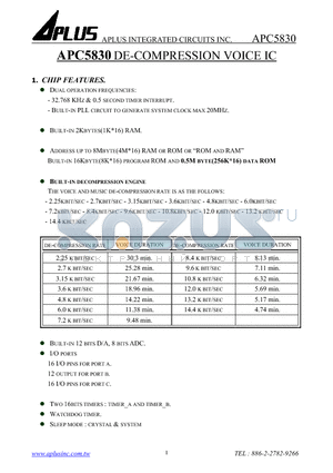 APC5830 datasheet - APC5830 DE-COMPRESSION VOICE IC