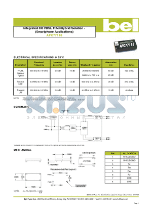 APC77118 datasheet - Integrated CO VDSL Filter/Hybrid Solution - (Smartphone Applications)