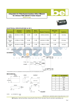 APC77122 datasheet - Integrated CO Filter/Hybrid Solution VDSL/10BaseS for Infineon PEB 22810/11/12/22 Chipset