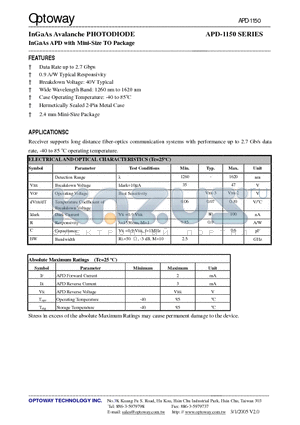 APD-1150 datasheet - InGaAs Avalanche PHOTODIODE InGaAs APD with Mini-Size TO Package