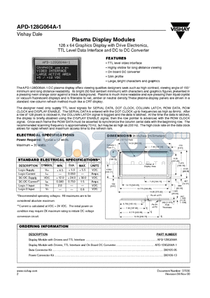 APD-128G064A-1 datasheet - Plasma Display Modules 128 x 64 Graphics Display with Drive Electronics, TTL Level Data Interface and DC to DC Converter