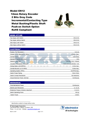 EN12-VS10AF20 datasheet - 12mm Rotary Encoder 2 Bits Gray Code Incremental/Contacting Type Metal Bushing/Plastic Shaft Push-on Switch Option RoHS Compliant