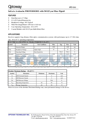 APD-1300-XF datasheet - InGaAs Avalanche PHOTODIODE with 50/125 um Fiber Pigtail