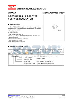 78DXXAG-TN3-R datasheet - 3-TERMINALS 1A POSITIVE VOLTAGE REGULATOR