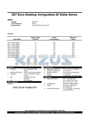 D57-102000-A000G datasheet - D57 Euro Desktop Unregulated 20 Watts Series