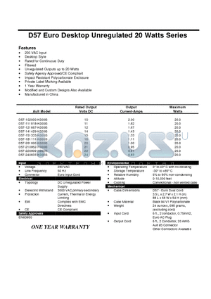 D57-121667-K000G datasheet - D57 Euro Desktop Unregulated 20 Watts Series