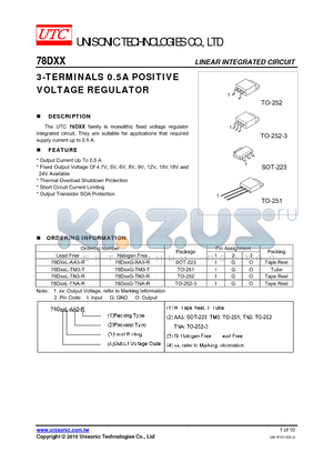 78DXXG-TN3-R datasheet - 3-TERMINALS 0.5A POSITIVE VOLTAGE REGULATOR