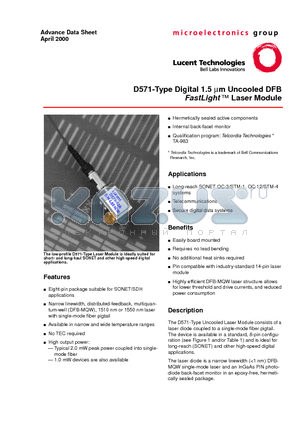 D571 datasheet - D571-Type Digital 1.5 m m Uncooled DFB FastLight  Laser Module