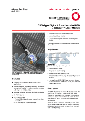 D571-10F datasheet - D571-Type Digital 1.5 m m Uncooled DFB FastLight  Laser Module