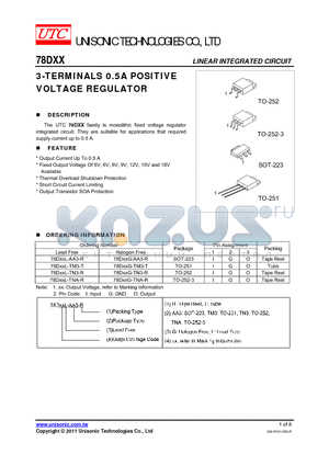 78DXXL-TNA-R datasheet - 3-TERMINALS 0.5A POSITIVE VOLTAGE REGULATOR