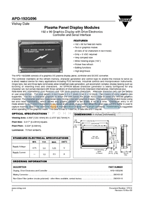 APD-192G096 datasheet - Plasma Panel Display Modules 192 x 96 Graphics Display with Drive Electronics Controller and Serial Interface