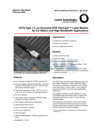 D572 datasheet - D572-Type 1.5 m m Uncooled DFB FastLight  Laser Module for 2.5 Gbits/s and High Bandwidth Applications