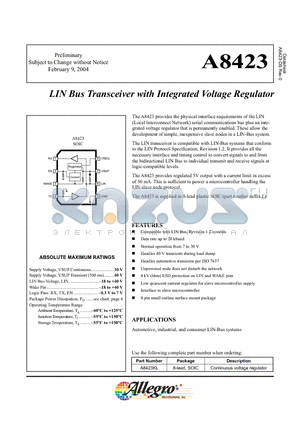A8423 datasheet - LIN Bus Transceiver with Integrated Voltage Regulator