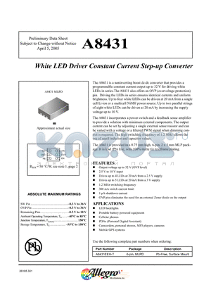 A8431 datasheet - White LED Driver Constant Current Step-up Converter