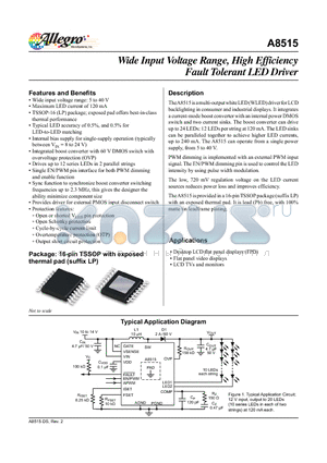 A8515GLPTR-T datasheet - The A8515 is a multi-output white LED (WLED) driver for LCD backlighting in consumer and industrial displays.