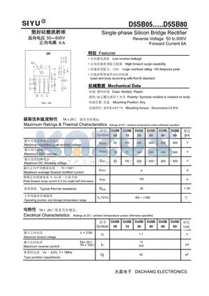 D5SB80 datasheet - Single-phase Silicon Bridge Rectifier Reverse Voltage 50 to 800V Forward Current 6A