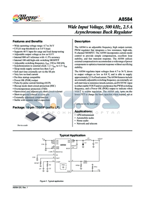 A8584KLPTR-T datasheet - The A8584 is an adjustable frequency, high output current, PWM regulator that integrates a low resistance, high-side, N-channel MOSFET.