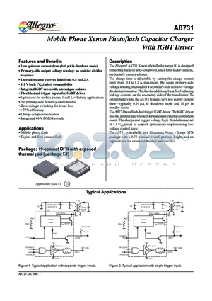 A8731EEJTR-T datasheet - The Allegro A8731 Xenon photoflash charger IC is designed to meet the needs of ultra-low power, small form factor cameras, particularly camera-phones.