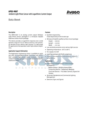 APDS-9007 datasheet - Ambient Light Photo Sensor with Logarithmic Current Output