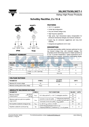 30L30CT-1 datasheet - Schottky Rectifier, 2 x 15 A