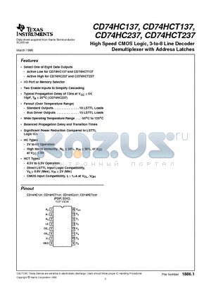 CD74HCT137 datasheet - High Speed CMOS Logic, 3-to-8 Line Decoder Demultiplexer with Address Latches