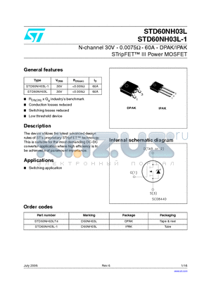 D60NH03L datasheet - N-channel 30V - 0.0075ohm - 60A - DPAK/IPAK STripFET TM III Power MOSFET