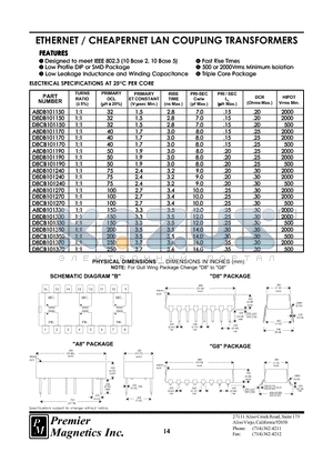 A8DB101150 datasheet - ETHERNET / CHEAPERNET LAN COUPLING TRANSFORMERS