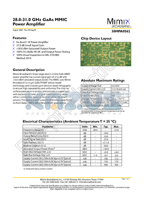 30MPA0562 datasheet - 28.0-31.0 GHz GaAs MMIC Power Amplifier