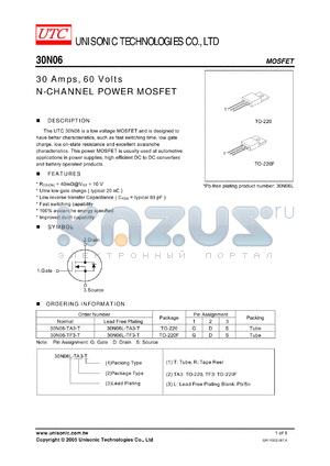 30N06-TA3-T datasheet - 30 Amps, 60 Volts N-CHANNEL POWER MOSFET
