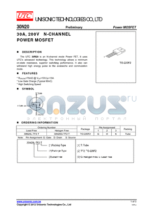 30N20G-TF2-T datasheet - 30A, 200V N-CHANNEL POWER MOSFET