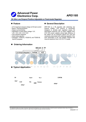 APE1185 datasheet - 3A Ultra Low Dropout Positive Adjustable or Fixed-mode Regulator